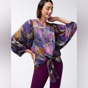 CHICOS Satin Tie-Front Blouse in Abstract Print, Like New